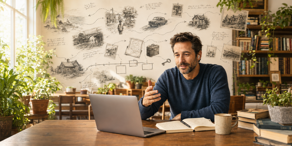 man writing memoir in bright coffee shop
