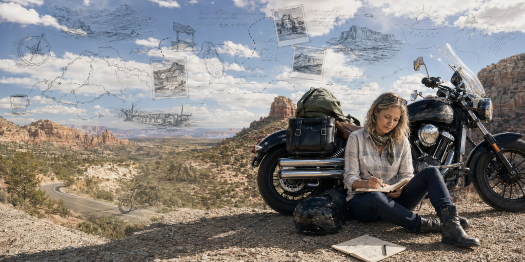 woman reflecting by motorcycle overlook